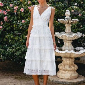 CROCHET LACE TIERED MIDI DRESS - WHITE